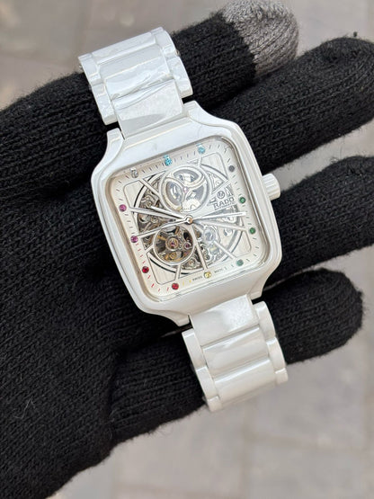 Rado White Rainbow Dial Ceramic Automatic Open Heart Men's Watch